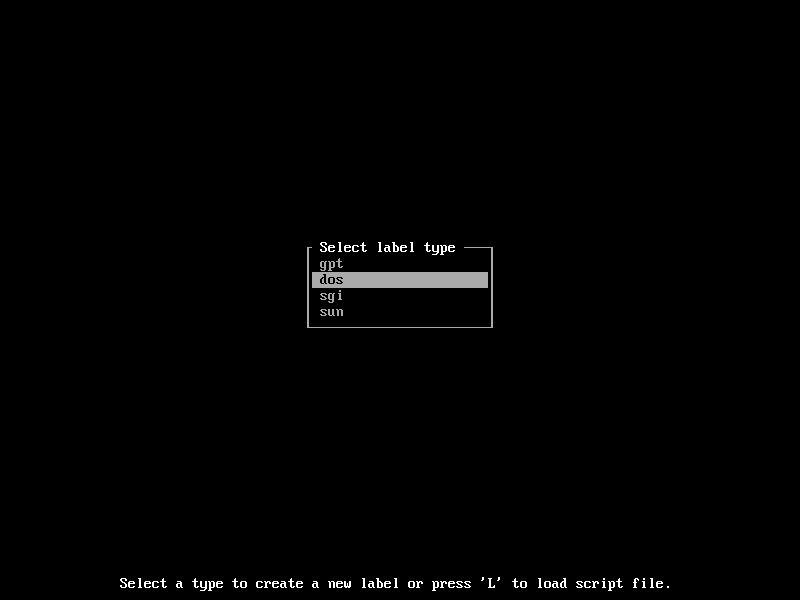 cfdisk first start screen